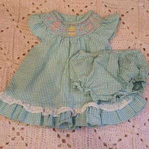 Seersucker and eyelet ruffle dress and bloomers
